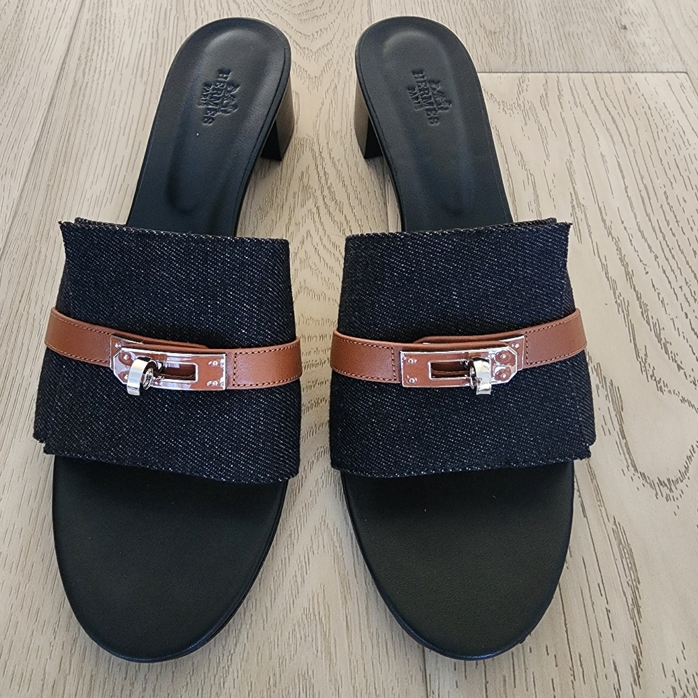 Hermes Dark Denim Black and Brown Mules